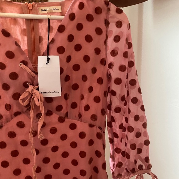 Pink Long Sleeve Midi Dress with Velvet Polkadots - Picture 2 of 3